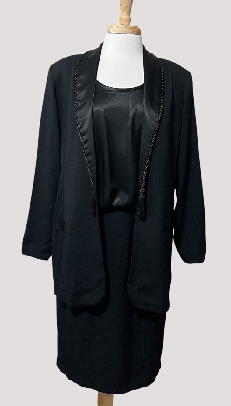 Dawn Joy Vtg 80s 90s Black Satin 3pc Skirt Suit Dark Academia Corporate Goth 14